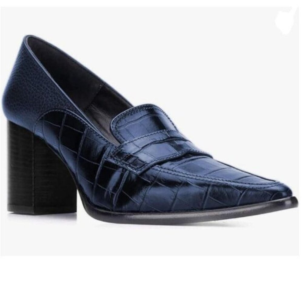FOWT Blue Ladies Chic Crocodile Loafers High Block Heel Slip On Pump